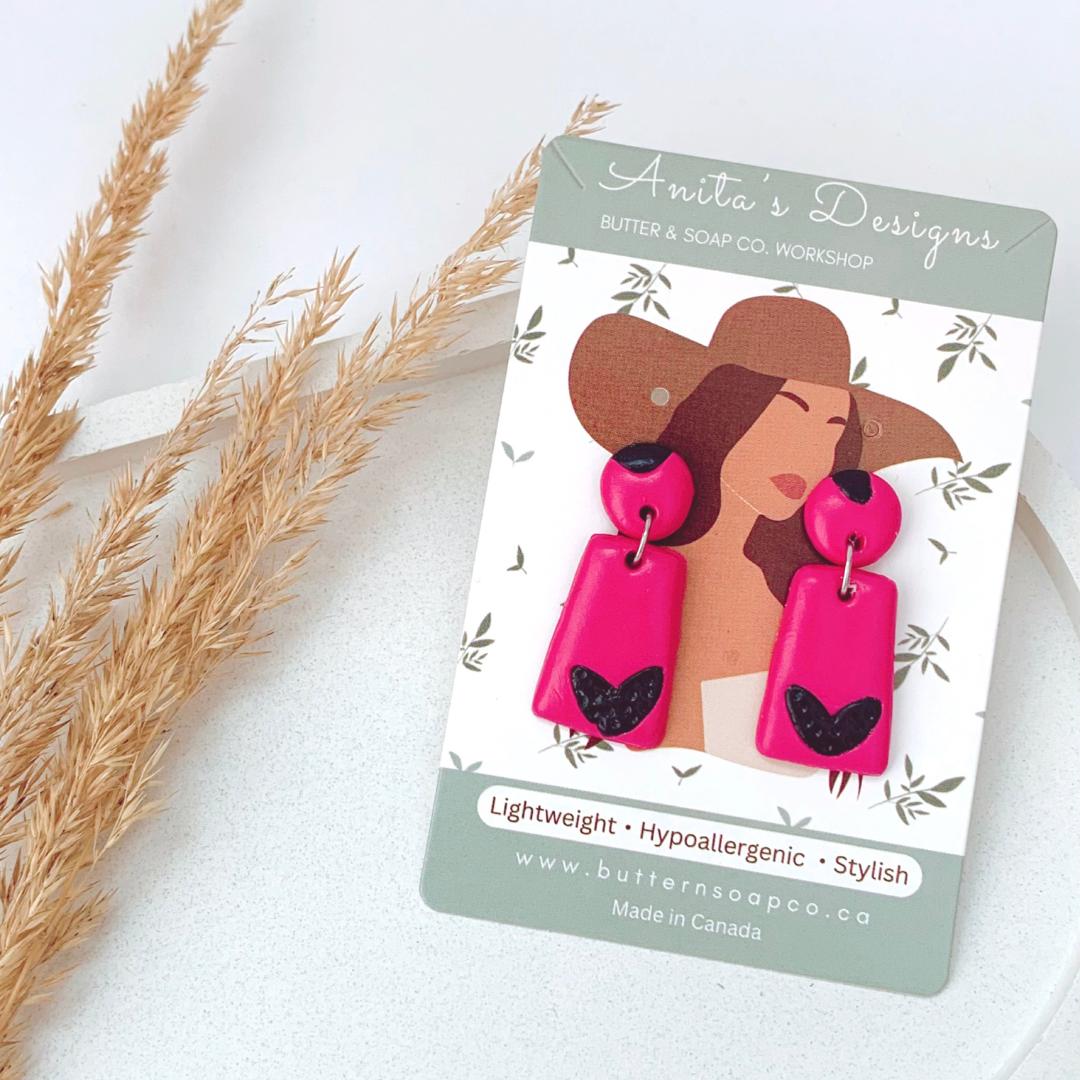 Fuchsia Clay Earrings Dark Blue Hearts Dangle Hypoallergenic