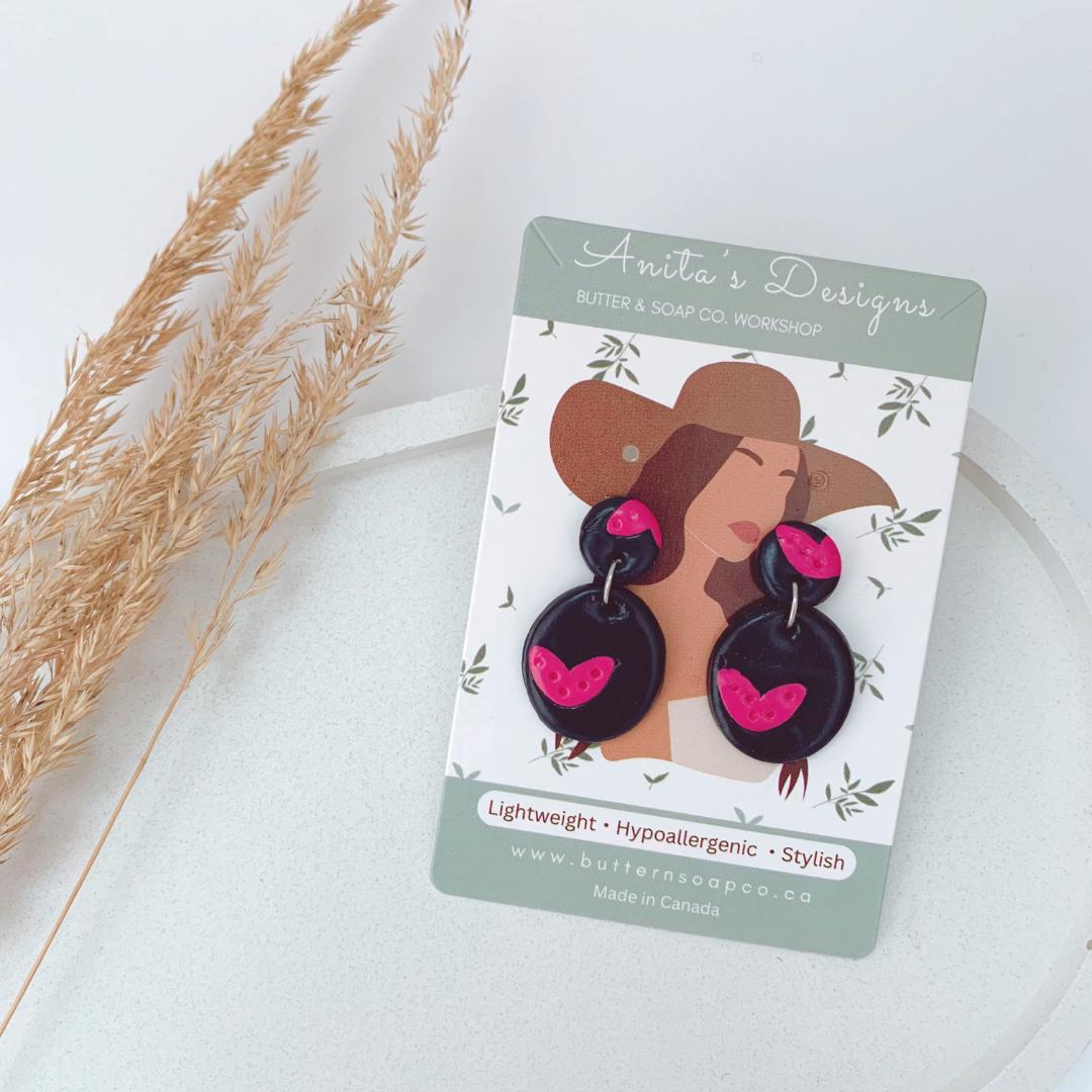 Dark Blue Clay Earrings Fuchsia Hearts Dangle Hypoallergenic