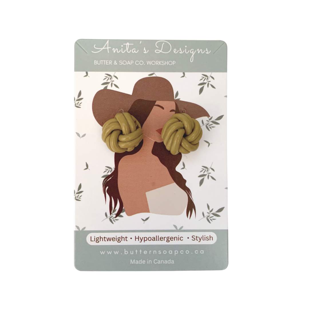 Clay Earrings Olive Green Knots S925 Silver Gold Posts