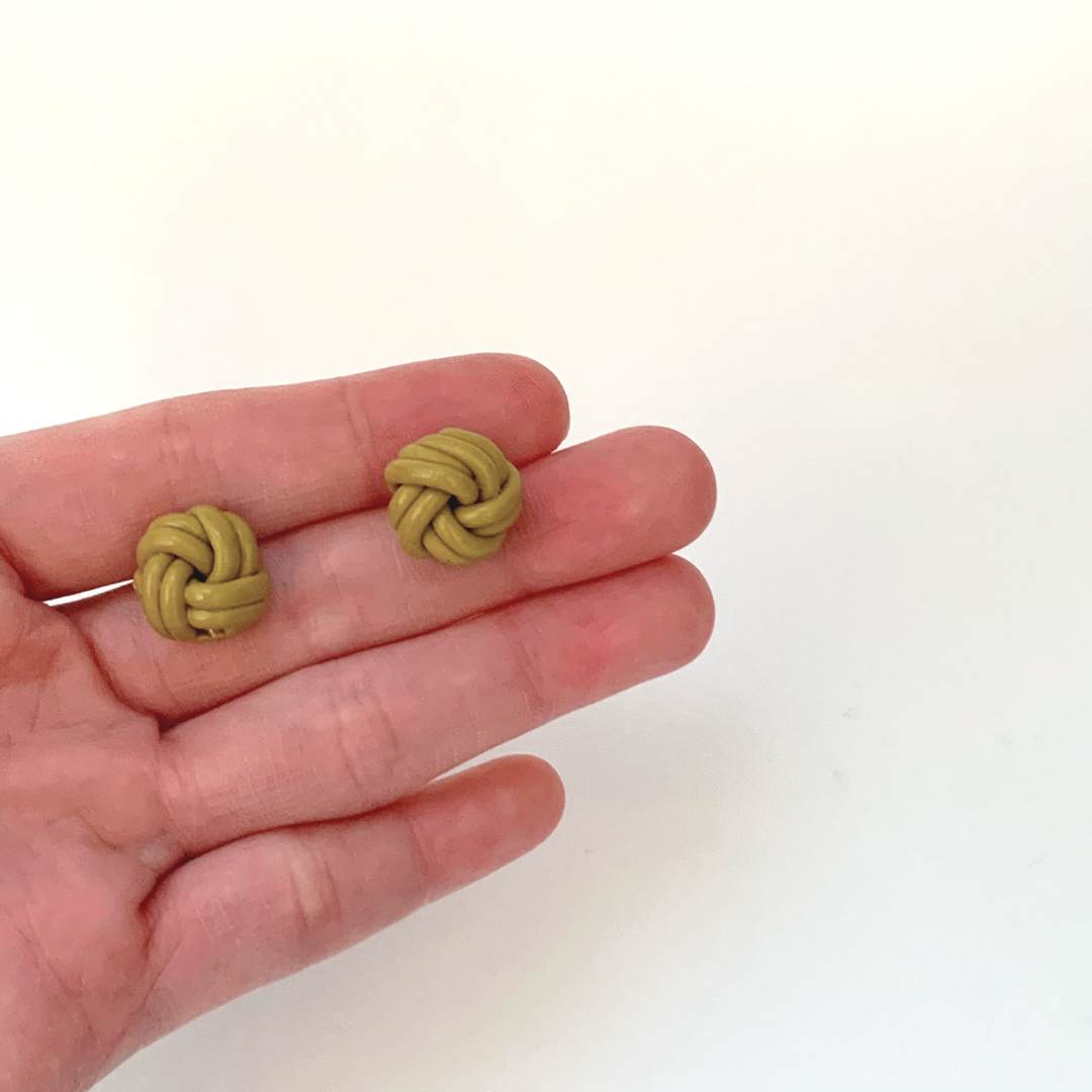 Clay Earrings Olive Green Knots S925 Silver Gold Posts