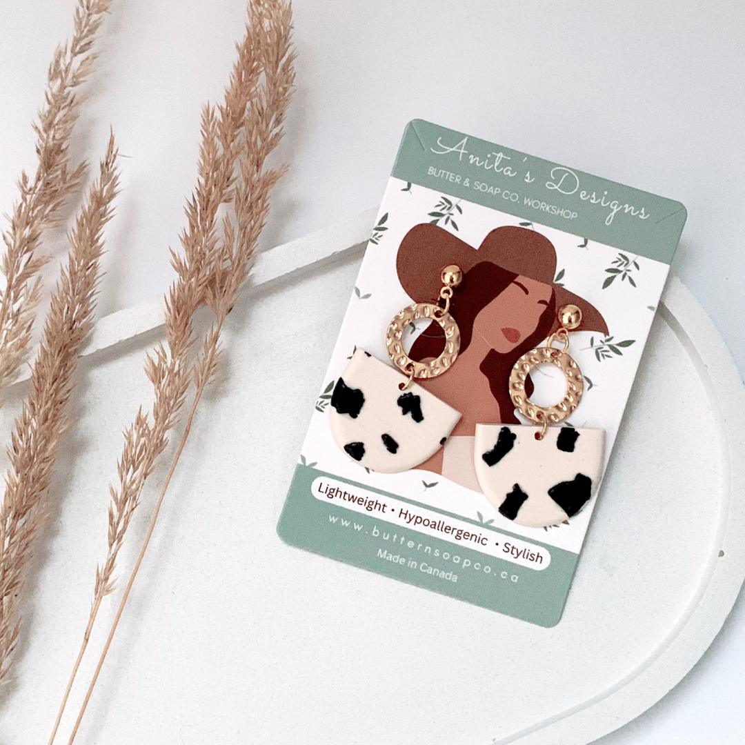 Cream and Black Clay Earrings S925 Silver Gold Posts