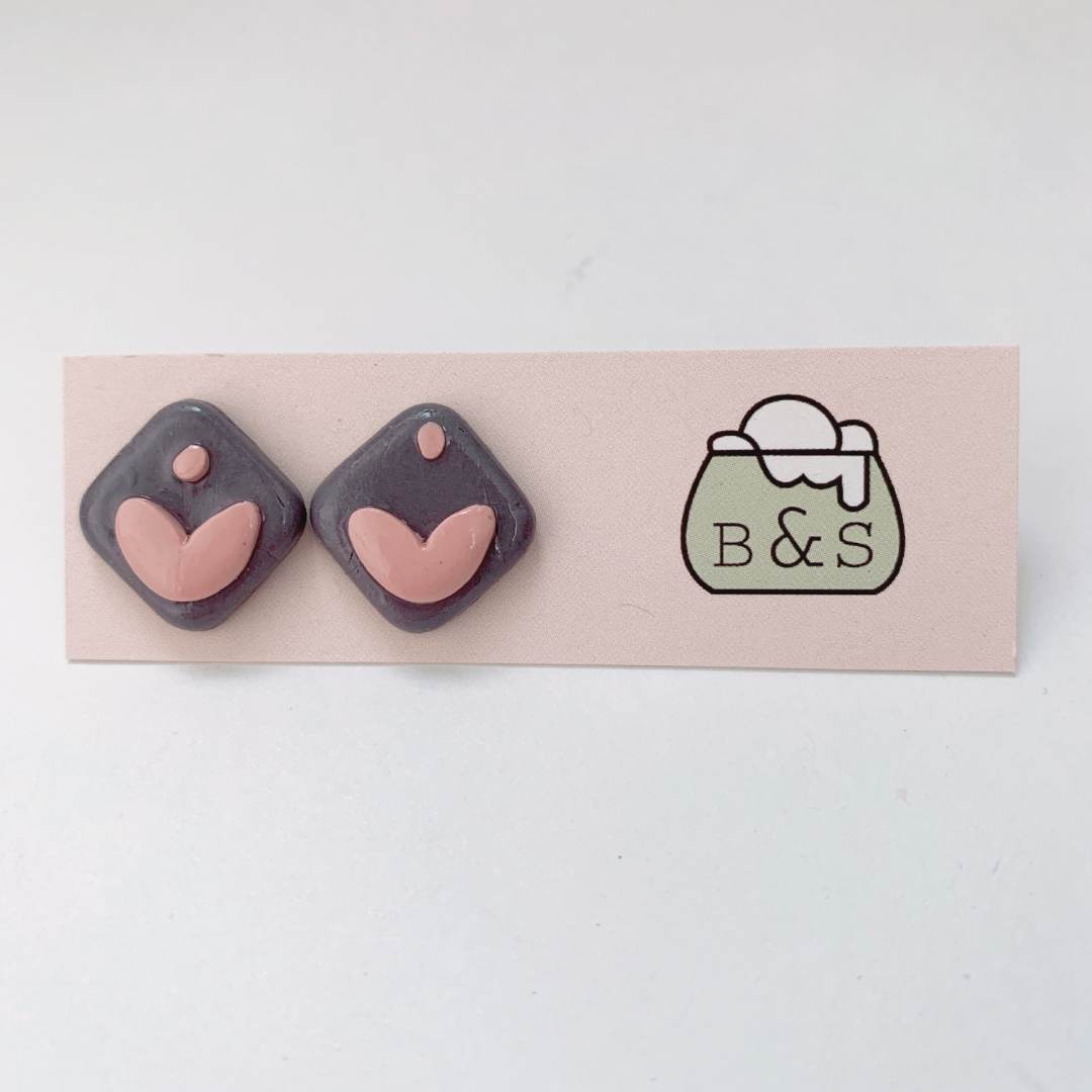 Clay Earring Studs Pink Heart Grey Square Hypoallergenic