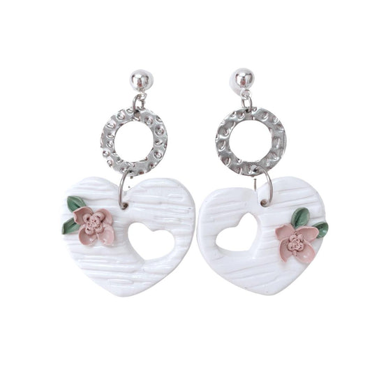 White Heart Dangle Earrings Floral S925 silver post