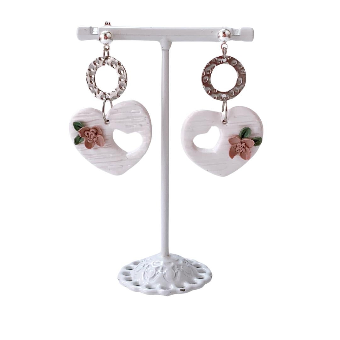White Heart Dangle Earrings Floral S925 silver post