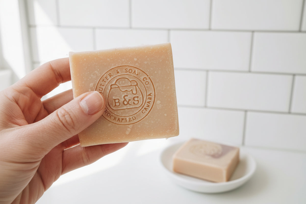 Hand holding a bar of soap with a visible brand logo on clean and bright bathroom background