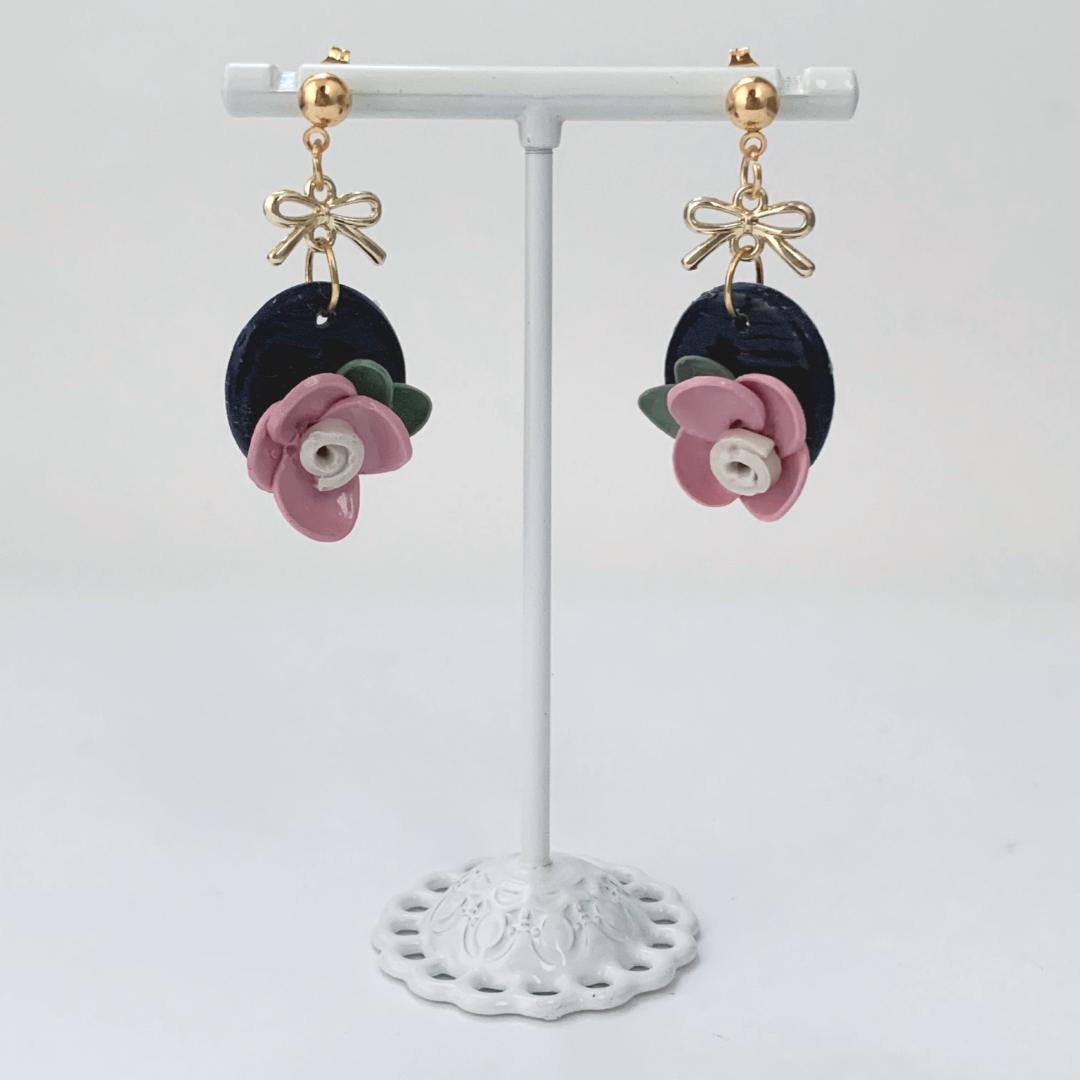 Clay Earring Dangle Pink Floral Dark Blue S925 silver gold post