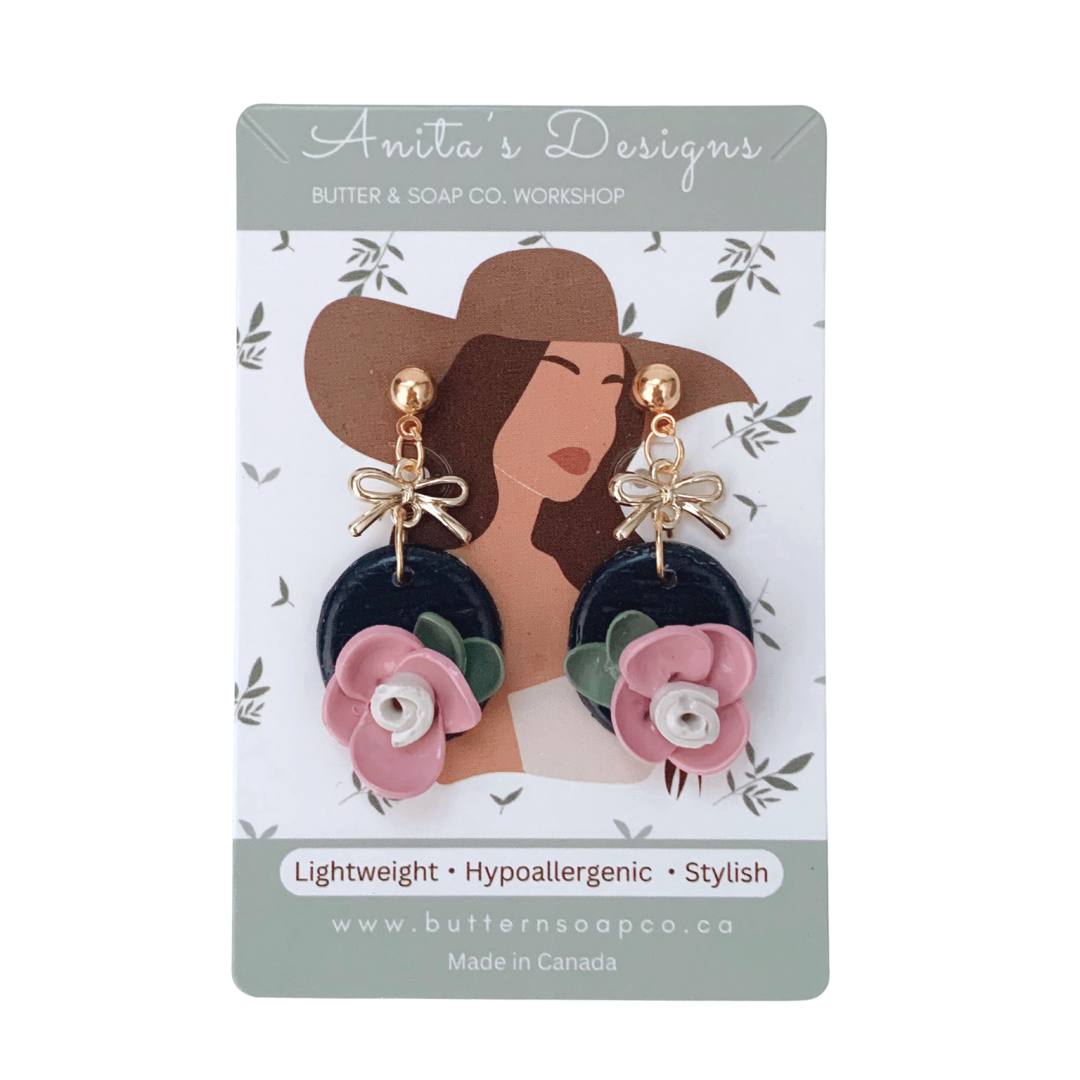 Clay Earring Dangle Pink Floral Dark Blue S925 silver gold post