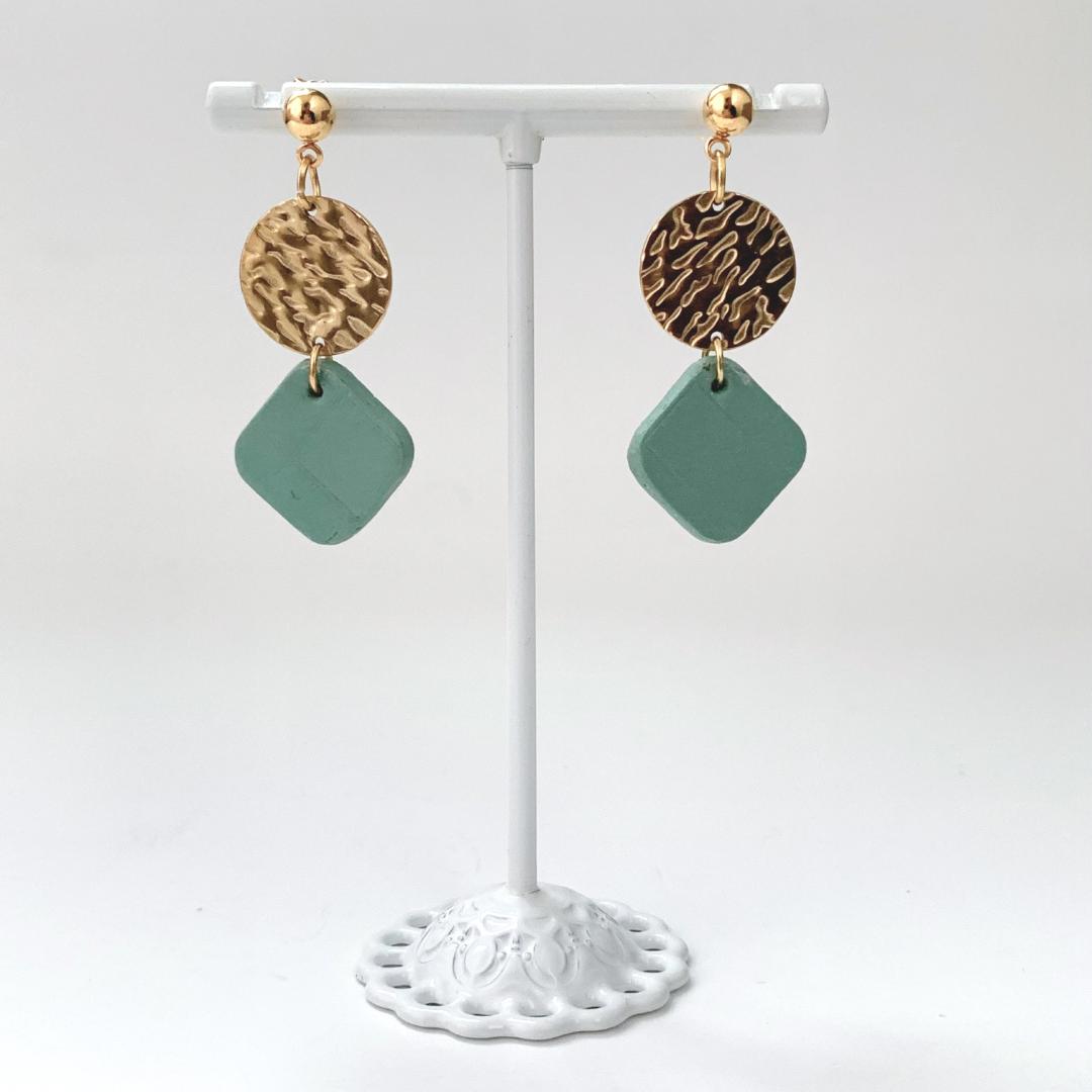 Polymer Clay Earrings Small Sage Green Square with Small Gold Circle Dangle
