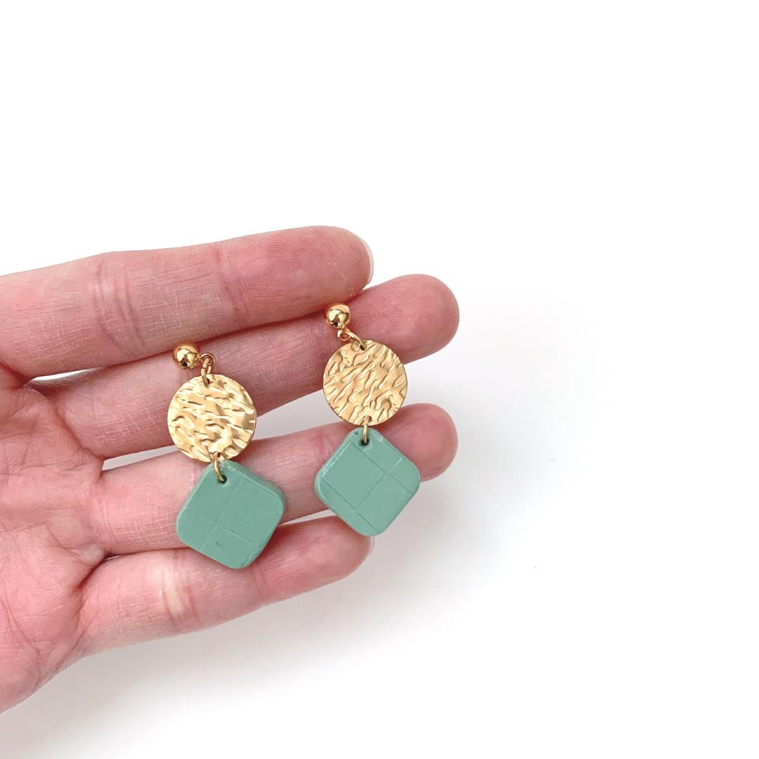 Polymer Clay Earrings Small Sage Green Square with Small Gold Circle Dangle