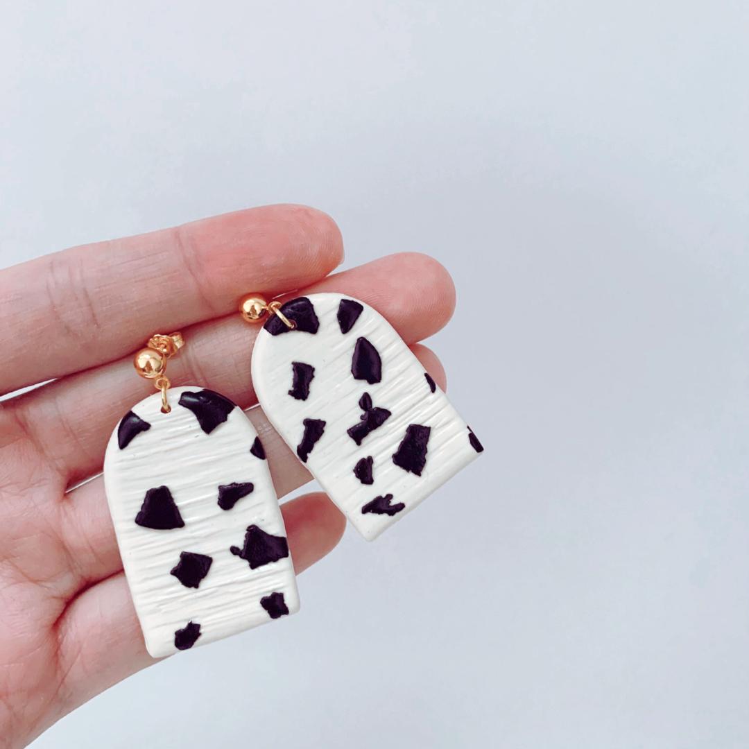 Cream and Black Arch Clay Earrings S925 Gold Posts
