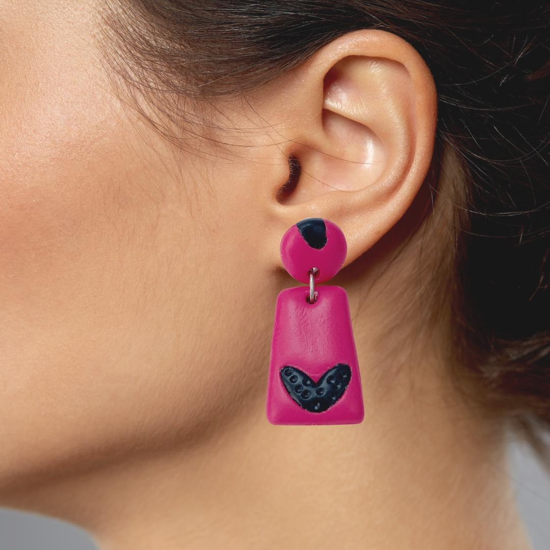 Fuchsia Clay Earrings Dark Blue Hearts Dangle Hypoallergenic