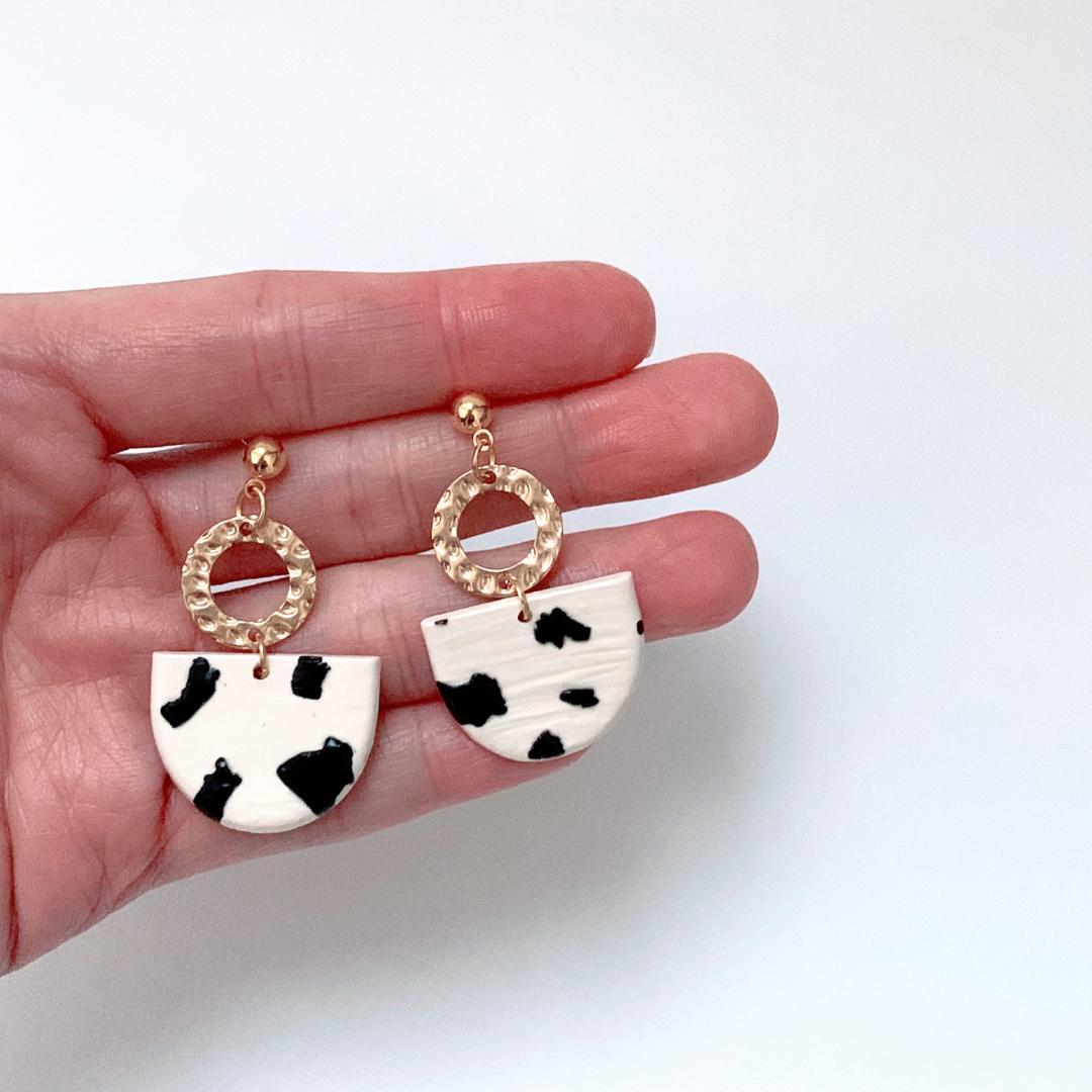 Cream and Black Clay Earrings S925 Silver Gold Posts