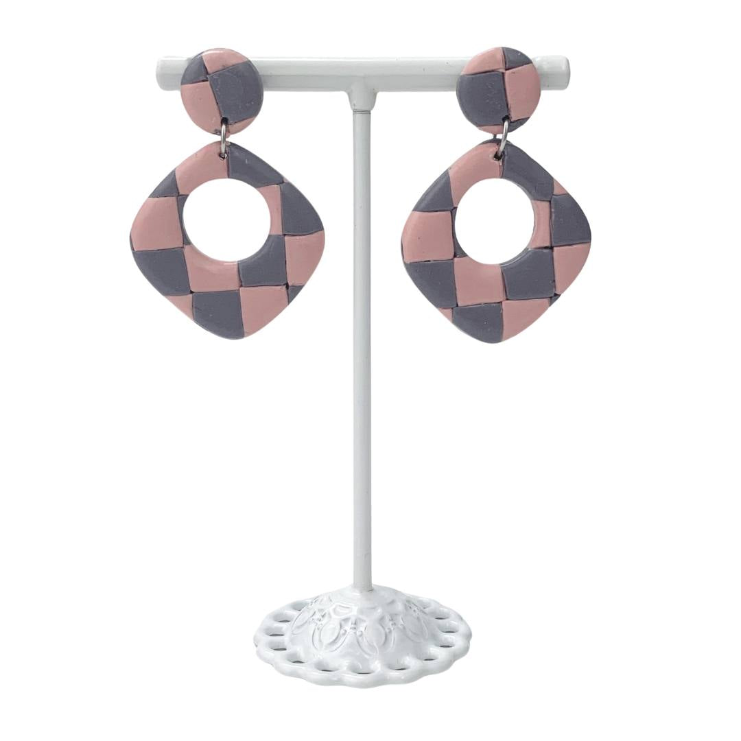 Polymer Clay Earrings Lavender and Pink Check Dangle Hypoallergenic