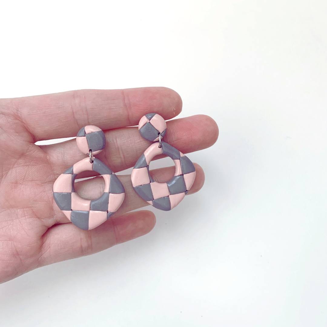 Polymer Clay Earrings Lavender and Pink Check Dangle Hypoallergenic