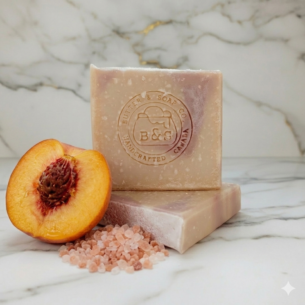 Two bars of soap with a peach and sea salt on a marble surface, featuring the Burt's Bees logo.