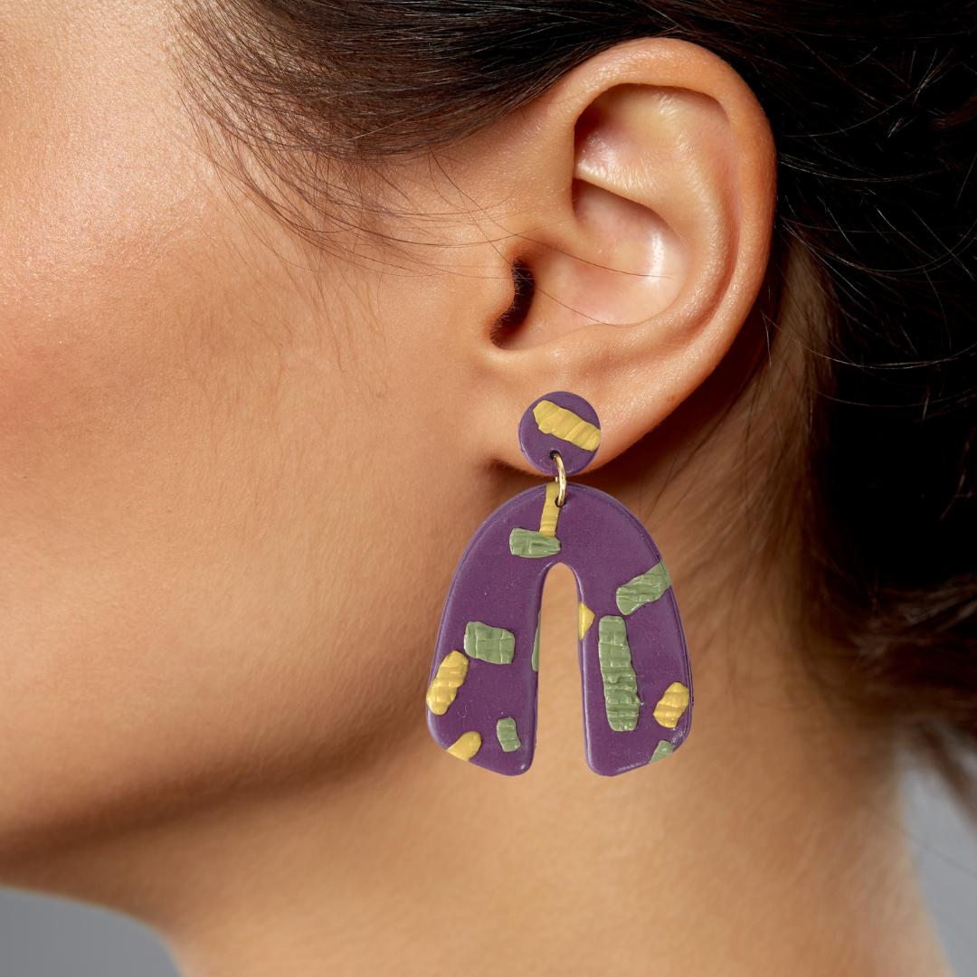 Celebrations Purple Arch Shaped Clay Earrings Hypoallergenic