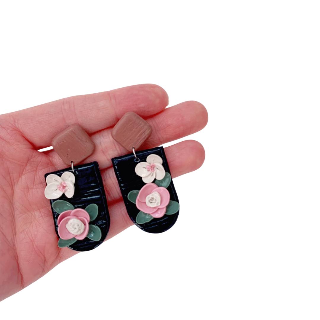 Clay Earring Dangle Pink and White Floral Dark Blue Hypoallergenic