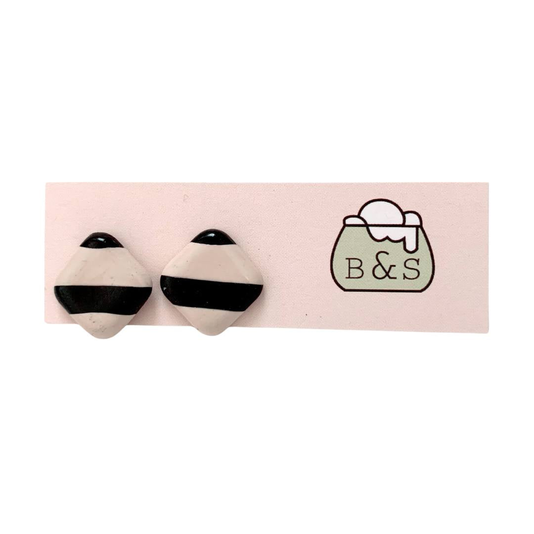 Clay Earring Square Studs Nude Pink Black Stripe Hypoallergenic