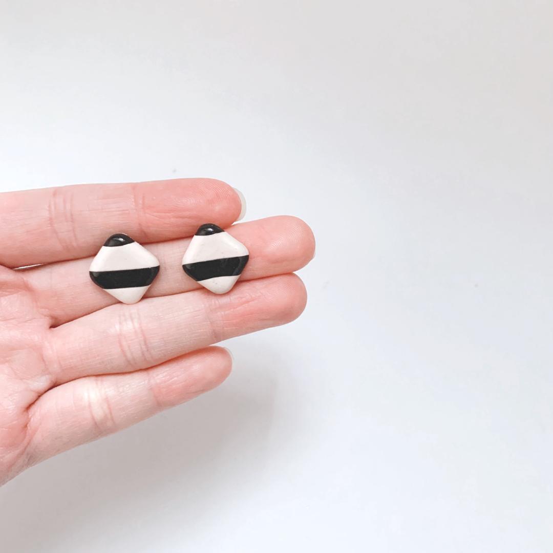 Clay Earring Square Studs Nude Pink Black Stripe Hypoallergenic