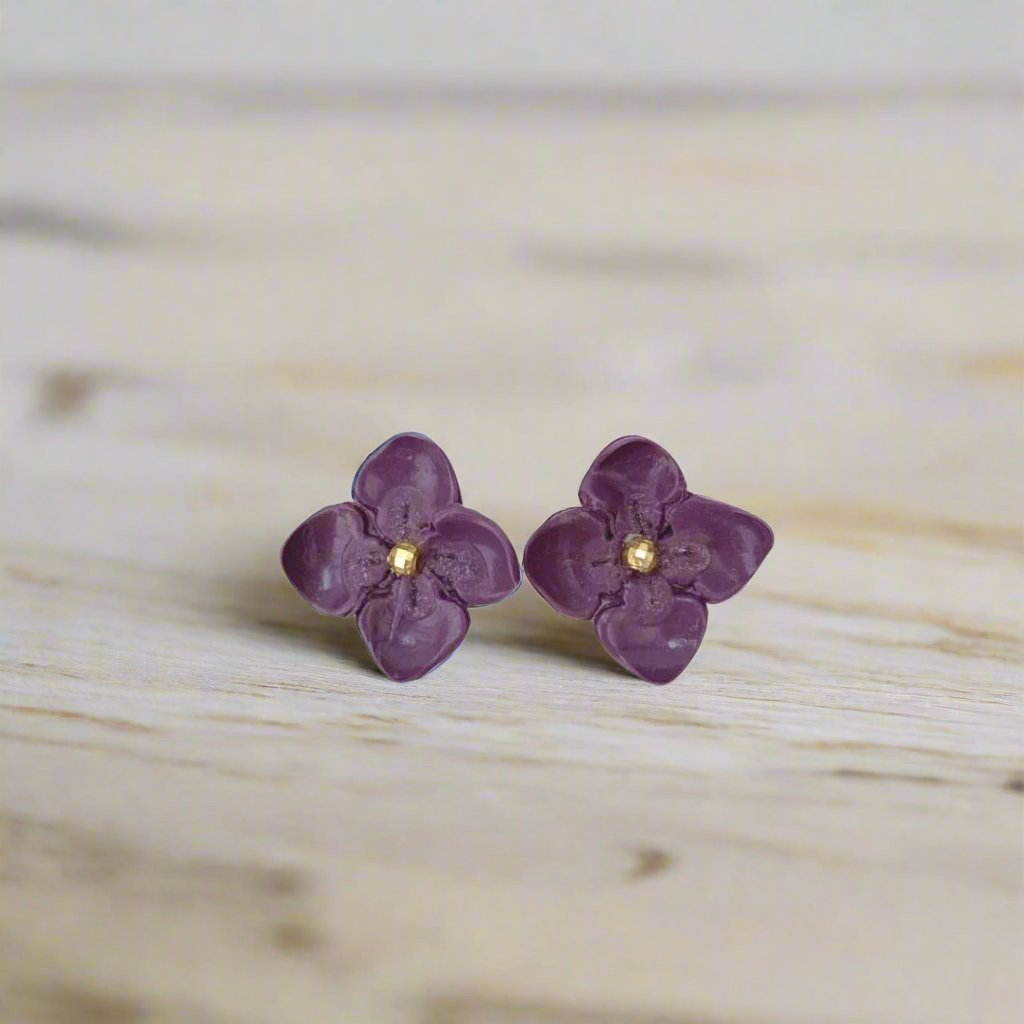 Dark Purple Flower Clay Earrings Hypoallergenic