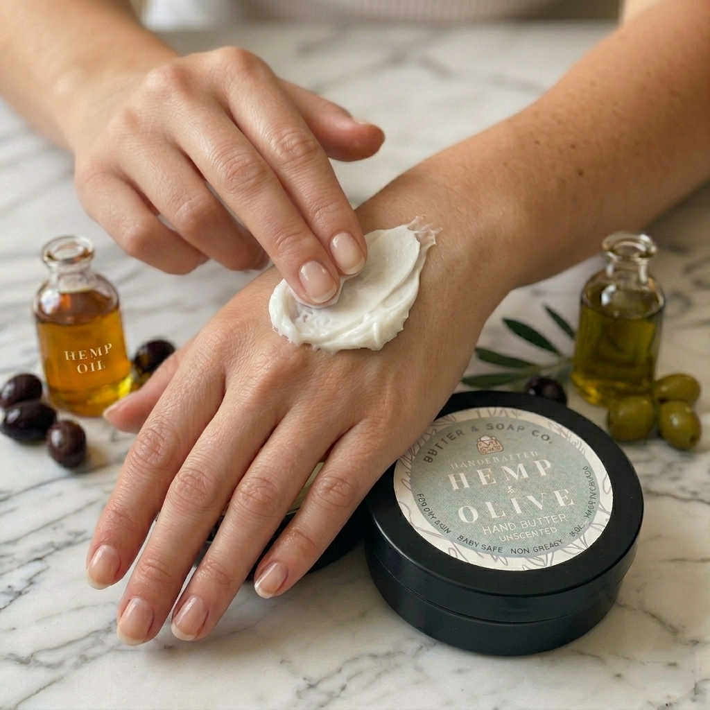 Person applying cream to their hand with a jar of Hemp Olive soap and bottles of hemp oil and olive oil in the background.