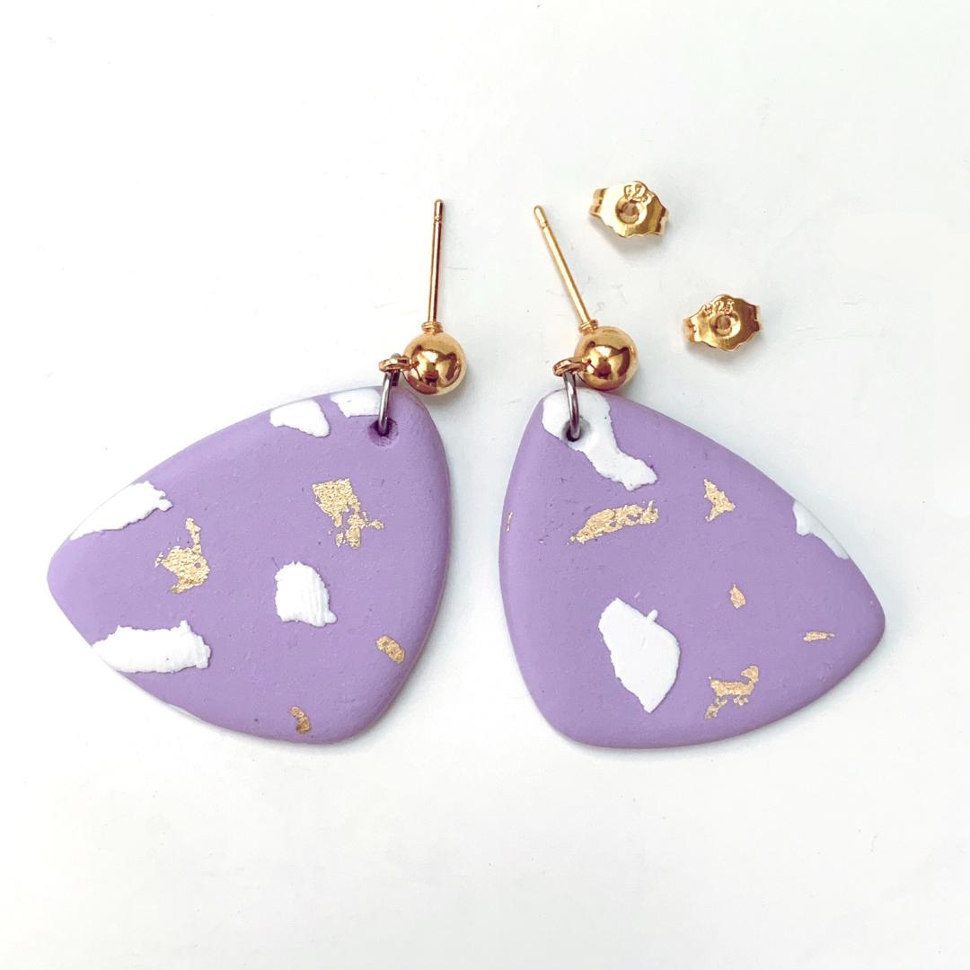 Lavender Clay Earrings White and Gold Terrazzo Picks Style 925 stamped gold