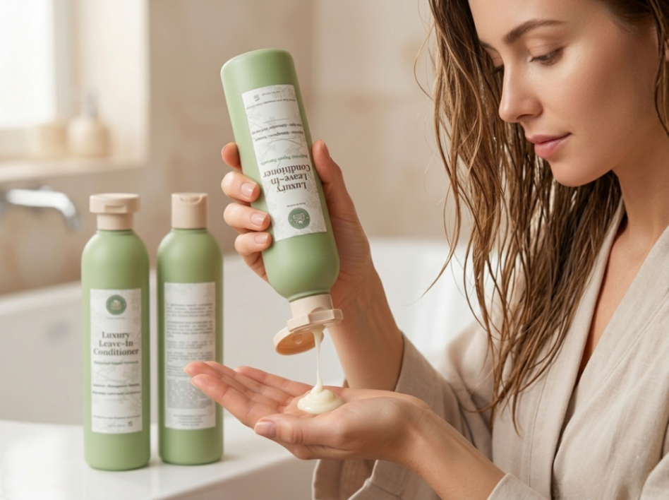 Woman applying green bottle lotion to her hand with bottles in the background