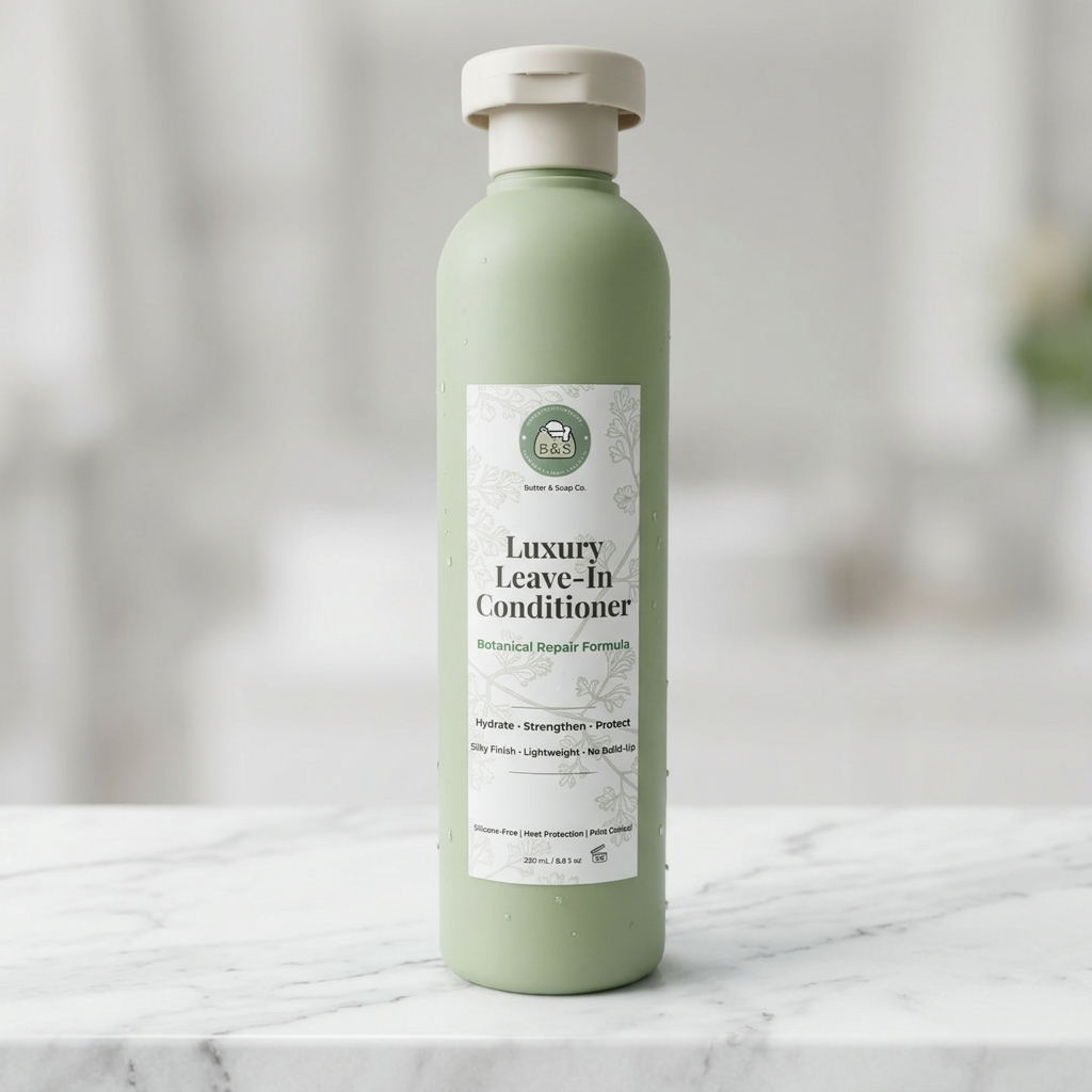 Green bottle of luxury leave-in conditioner on a marble surface with a blurred background