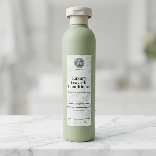 Green bottle of luxury leave-in conditioner on a marble surface with a blurred background