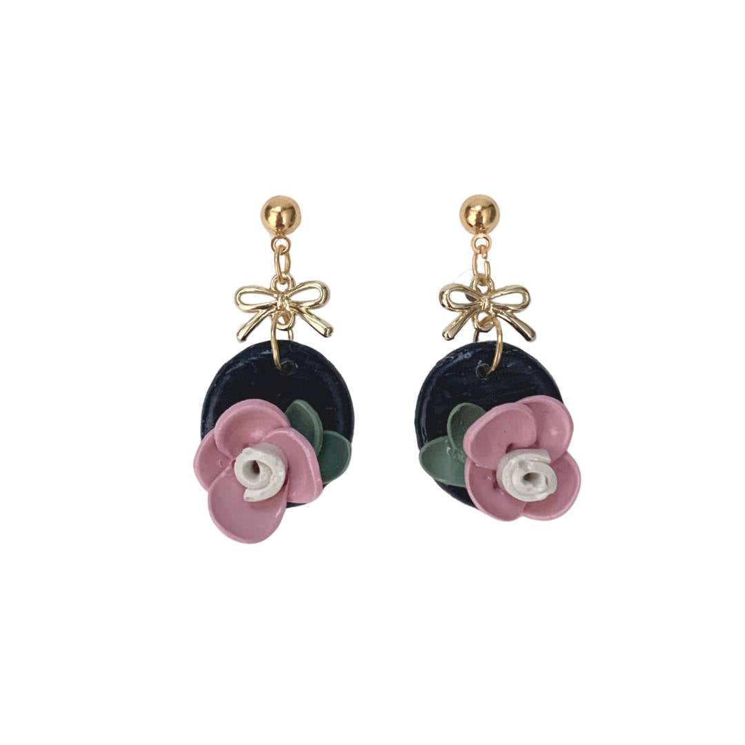 Clay Earring Dangle Pink Floral Dark Blue S925 silver gold post