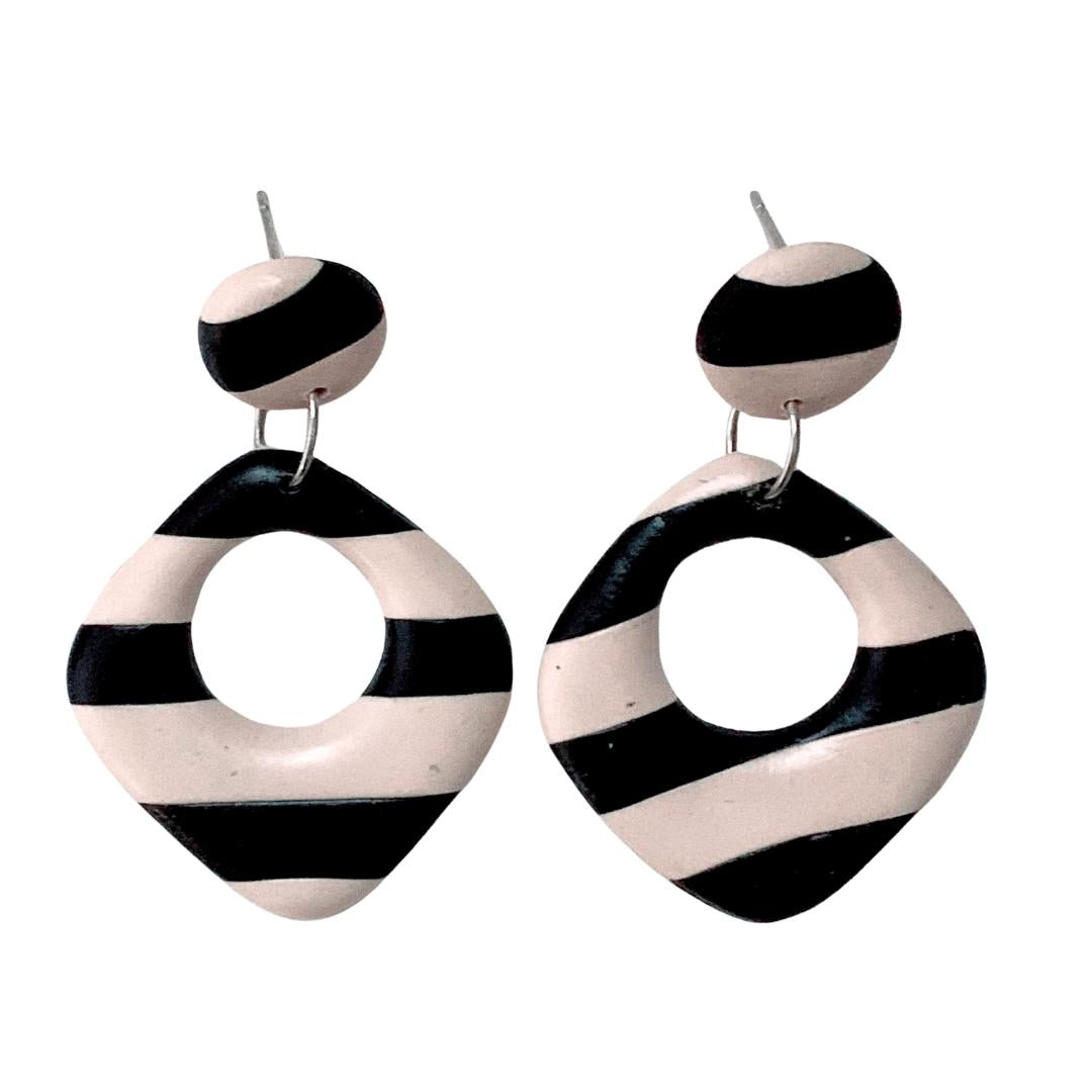 Polymer Clay Earrings Lavender Blush and Black Stripe Dangle Hypoallergenic