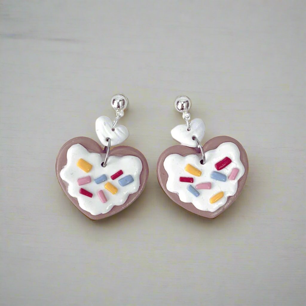 Icing Cookies Heart Shaped Clay Earring Dangles S925 Silver Posts