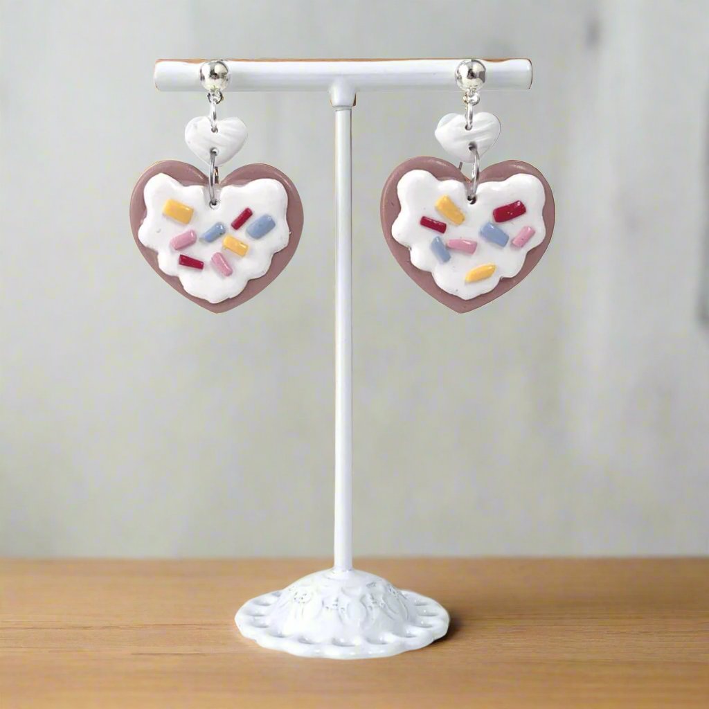 Icing Cookies Heart Shaped Clay Earring Dangles S925 Silver Posts