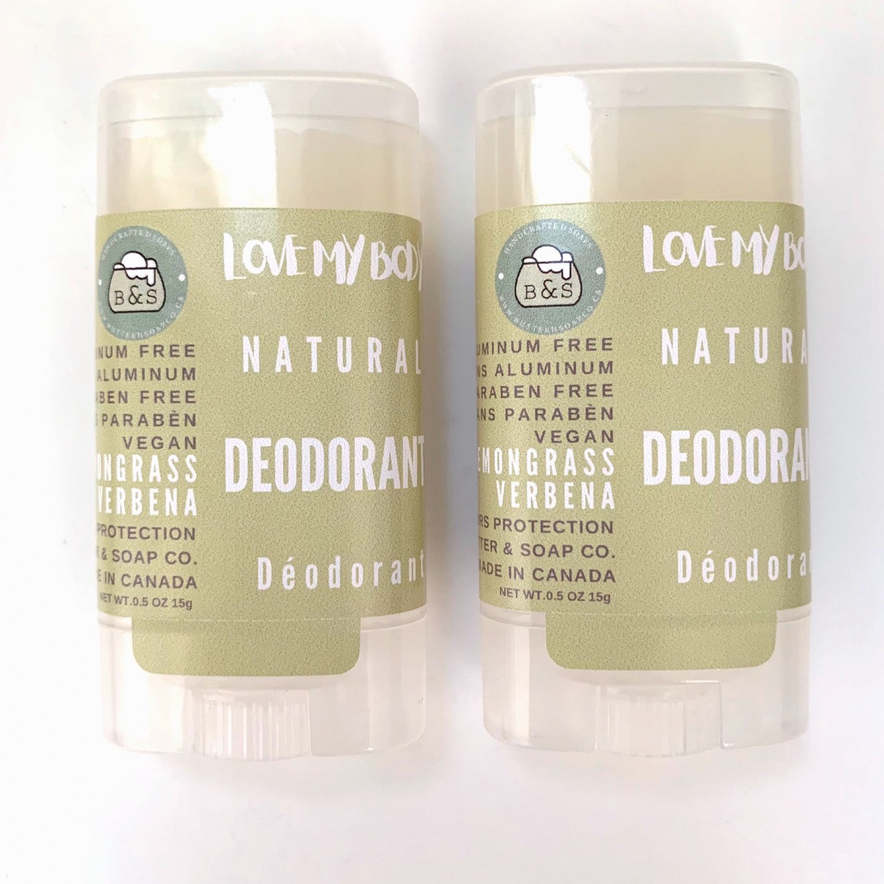 Deux bâtonnets de déodorant sans aluminium naturel à la citronnelle et à la verveine, format voyage