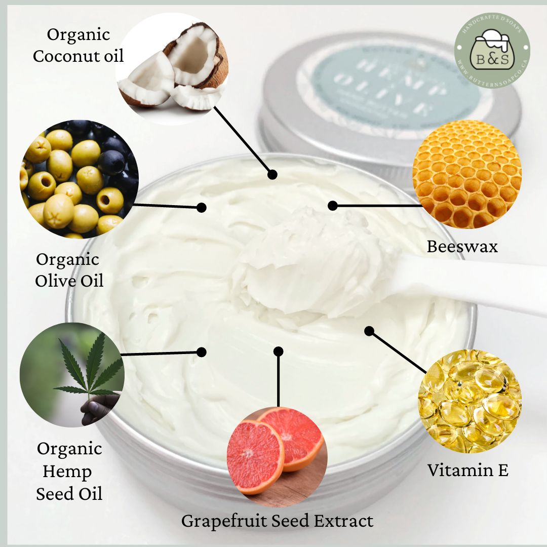 a jar of hemp and olive hand butter on a white surface listing included natural ingredients 